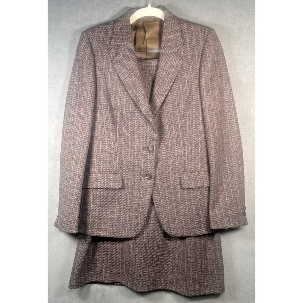 Burberrys IT 44 Wool Alpaca Skirt Suit Brown Pink Windowpane Made Italy